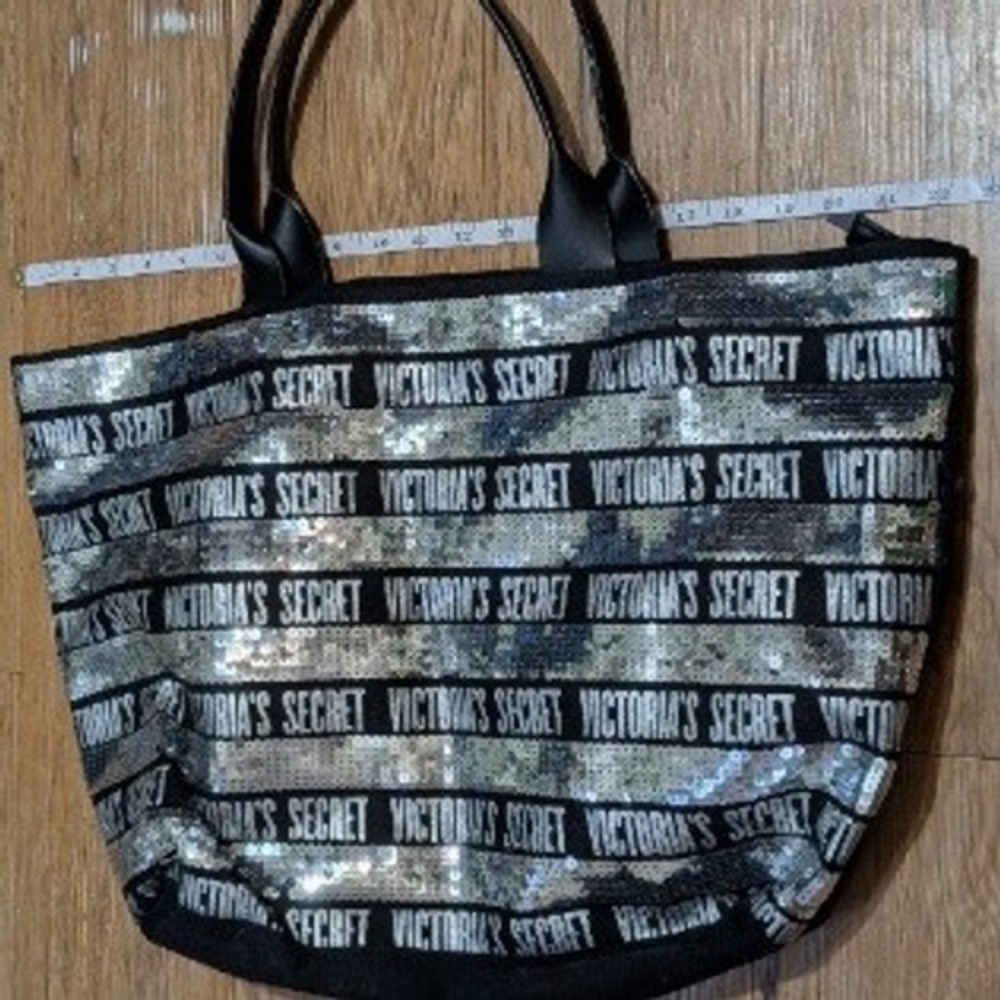 Victorias Secret Silver Sequin Logo Stripe Canvas Tote Bag Black Zipper Large